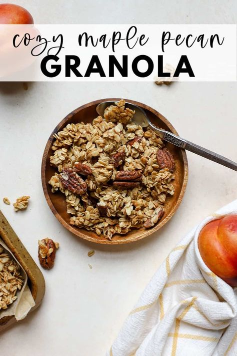 The perfect cozy maple pecan granola that's made with simple ingredients and no refined sugars! Perfect for topping yogurt for breakfast, sautéed fall fruit, oats, or enjoying by the handful as a snack. Maple Pecan Granola Recipe, Yogurt Overnight Oats, Pecan Granola Recipe, Yogurt For Breakfast, Maple Pecan Granola, Pecan Granola, Maple Granola, Cozy Fall Recipes, Fall Fruit