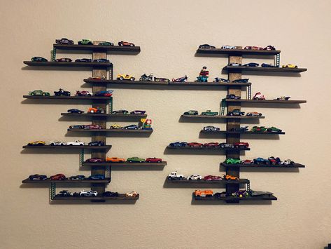 Great way to store hot wheels, or action figures for boys! I stained these just with a basic wood stain before putting them up. My son loves it! Ikea Lustigt, Son Love, Wood Stain, My Son, Staining Wood, Kids Room, Action Figures, Stain, Wheel