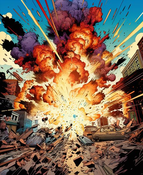 Experimenting with comic book artwork. Trying to nail the explosive energy. Comic Fire Drawing, Explosion Effect Drawing, Explosion Comic Art, Building Explosion Drawing, Comic Explosion Illustration, Explosion Art Reference, How To Draw An Explosion, Explosion Powers, How To Draw Explosions