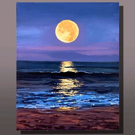 Full Moon Seascape Acrylic Painting | Full Moon Seascape Acrylic Painting Color used : Titanium white, Black, Primary Blue, Primary Red, Cadmium Yellow Medium, Deep Green #art #artist... | By El Drawing Arts | Facebook Yellow Moon Painting, Blue Moon Drawing, Seascape Acrylic Painting, Moon Texture, Drawing Arts, Cadmium Yellow, Yellow Moon, Watercolor Architecture, Acrylic Landscape