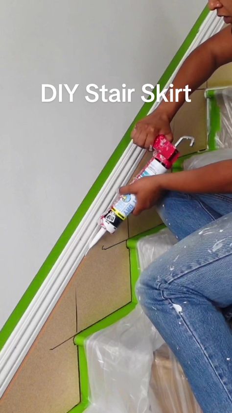 How To Trim Stairs, Skirt Board For Stairs, Diy Stair Skirt, Stair Skirt Board, Stair Skirt, Basement Den, Stairs Skirting, Stairs Trim, Home Stairs