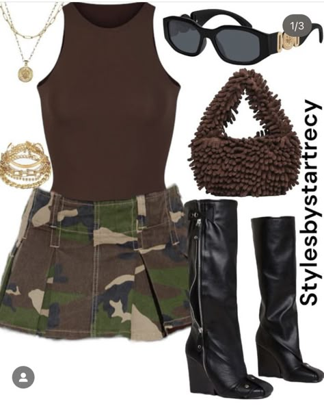 Camoflauge Outfits Black Women, Camo Skirt Outfit Black Women, Camo Mini Skirt Outfit, Camouflage Skirt Outfit, Camo Skirt Outfit, Throwing Fits, Shein Outfits, Baddie Fits, Chill Fits