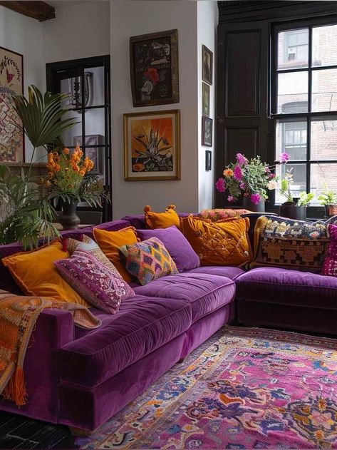 Eclectic Maximalist Decor, Playful Interior, Summer Decor Ideas, Purple Couch, Funky Living Rooms, Purple Living Room, Vibrant Living Room, Decor Eclectic, Bohemian Soul