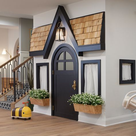 Basement Playhouse Under Stairs, Mini Dog Room, Understairs Kids Space Play Areas, Under The Stairs Playroom, Dog Play Room, Kids Playhouse Interior, Inside Playhouse, Stairs Playroom, Under Stairs Playhouse