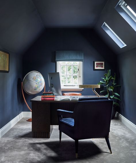 What are the best dark colors for small rooms? Expert tips | Dark Painted Small Rooms, Painting A Small Room Dark, Small Room Dark Ceiling, Small Space Paint Colors, Dark Blue Study, Small Rooms Design, Small Dark Room, Dark Painted Ceiling, Dark Study