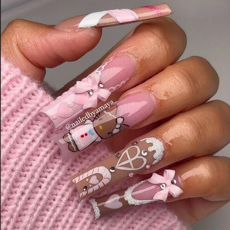 Pink Gingerbread Nails, Pink Christmas Nails Acrylic, Holiday Nail Set, Gingerbread Nails, 2025 Nail, Pink Gingerbread, Christmas 3d, Polygel Nails, Long Acrylic