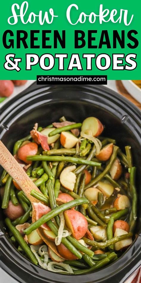 Homemade Green Beans and Potatoes Crock Pot Recipe is the perfect side dish to serve with your holiday meals. Easy to make with simple ingredients. Green beans and potatoes are cooked tender in the slow cooker and seasoned with simple ingredients. #christmasonadime #crockpotgreenbeansandpotatoes #holidaysidedish Crockpot Fresh Green Beans, Crock Pot Green Beans, Potatoes Crock Pot, Beans Recipe Crockpot, Potato Recipes Crockpot, Ham And Green Beans, Fresh Green Bean Recipes, Crockpot Green Beans, Seasoned Green Beans