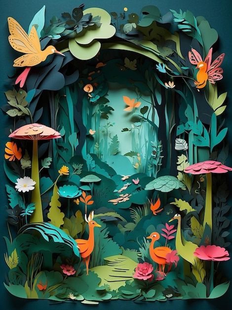 Enchanting Mystical Forest Collage Fairies Animals and Magical Creatures in Vector Paper Art Mystical Forest Illustration, 2d Paper Art, Paper Layering Art, Mystical Forest Art, Tree House Illustration, Forest Graphic Design, Forest Mystic, Forest Collage, Magical Illustration