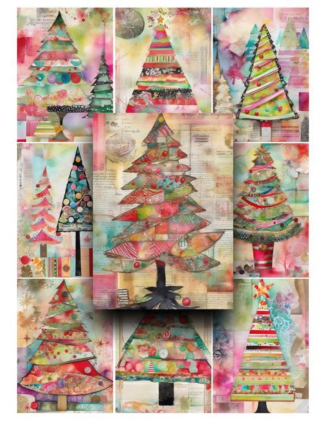 Christmas Tree Collages A set of 9 images to use in your artwork.  These images measure approximately 2.5x3.5 inches each for use in many different art projects.  Just print out on plain paper or cardstock ♥ 9 images included on 1 sheet of paper ♥ Instant download ♥ 300 dpi ♥ Each image measures 2.5x3.5 inches ♥ No watermark on your download Feel free to use these images in all of your personal or commercial art projects.   Happy Creating! Please understand that since this is a digital product, Collage Christmas Cards Ideas, Collage Christmas Cards Handmade, Christmas Tree Collage Art, Christmas Tree Painting Ideas, Mixed Media Christmas Art, Painting Poinsettias, Christmas Collage Art, Winter Mixed Media Art, Christmas Art Projects For Elementary