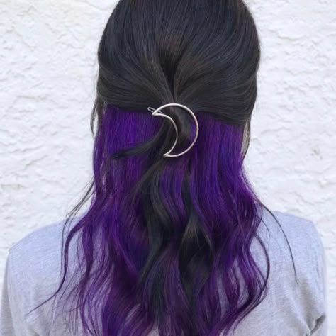 Purple Underneath Hair, Purple Peekaboo Highlights, Peek A Boo Hair, Lavender Hair Color Ideas, Purple Peekaboo Hair, Hair Color Ideas Trendy, Under Hair Color, Purple Brown Hair, Hidden Hair Color