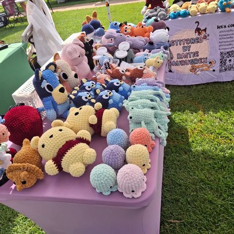 This mornings market setup! I'll be setup at the watermelon festival today and tomorrow! . . . Hashtags: #mississippi #shopsmall #crochetersofinstagram #crochet #smallbusiness #plushie #explore #amigurumi #crochetlove Market Stall Setup Ideas, Crochet Pop Up Shop, Crochet Market Best Sellers, Crochet Booth Ideas, Crochet Market Setup Ideas, Crochet Booth Display Ideas, Crochet Market Stall, Crochet Vendor Display, Crochet Market Ideas