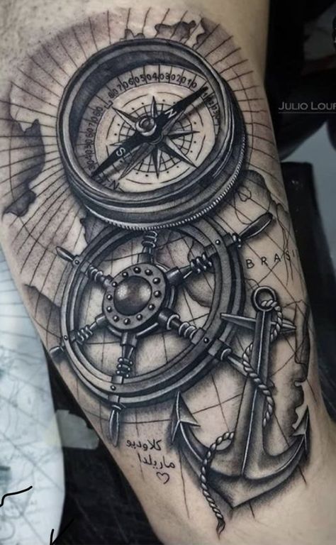 A Compass Tattoo, Ship Tattoo Sleeves, Compass And Map Tattoo, Compass Tattoo Men, Nautical Tattoo Sleeve, Compass Tattoos, Minimalist Tattoo Ideas, Trending Tattoo, Compass Tattoo Design