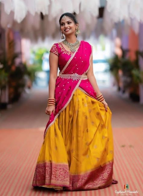 Lehenga From Saree, Puberty Poses, Half Saree Poses, Frock Design For Stitching, Saree Boutique, Silk Half Saree, Onam Outfits, Langa Voni, Haldi Outfits