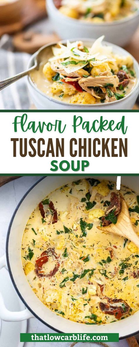 This creamy Tuscan chicken soup is made with shredded chicken, sun-dried tomatoes and tender veggies simmered in a creamy broth with spinach! This soup packs a flavor punch! Our Tuscan Chicken Soup is packing major flavor thanks to the sun-dried tomatoes! This rich, creamy soup is perfect for a chilly night and is ready in less than 45 minutes. So much flavor in so little time! Soup With Sundried Tomatoes, Tuscan Style Chicken Soup, Crockpot Tuscan Chicken Soup, Tuscan Chicken Soup Crockpot, Keto Tuscan Chicken Soup, Tuscan Chicken Soup Recipes, Creamy Italian Chicken Soup, Chicken Soup With Spinach Recipes, Chicken And Spinach Soup Recipes