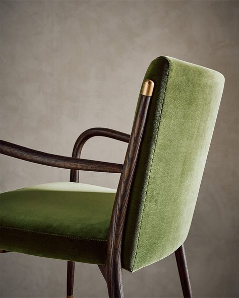 Forever dining furniture is back—like this velvet chair made with a turned wood frame that's rarely seen outside of bespoke design. From our Designer Collective, industrial designer @calebzipperer's guiding principle is a deep appreciation of form and structure. Tap to shop the Norrie Chair and more from his exclusive CB2 collection. Green Velvet Dining Room Chairs, Brass Dining Chair, Olive Green Velvet Dining Chairs, Moss Green Dining Room, Cb2 Dining Chair, French Chairs Dining, Olive Green Chair, Velvet Dining Room Chairs, Olive Green Velvet