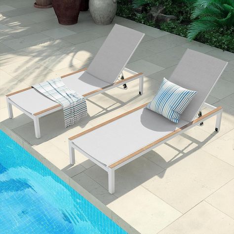 Grand patio Outdoor Chaise Lounge Set of 2 Mesh Sling Steel Chairs with Woodgrain Texture, Portable Wheels & 4 Adjustable Reclining Backrest Positions for Poolside Beach White 2PCS Poolside Loungers, Patio Chaise Lounge, Chaise Lounger, Steel Chair, Patio Outdoor, Sling Chair, Outdoor Chaise, Outdoor Chaise Lounge, Patio Seating