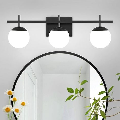 ZSMIHDOH Black Bathroom Light Fixtures Over Mirror, 3-Light Mid Century Modern Bathroom Vanity Light, Globe Bathroom Vanity Light with Milky Glass, Wall Light for Bathroom (23.62 inch) - Amazon.com Mid Century Modern Bathroom Vanity, Bathroom Mirror Black, Bathroom Light Fixtures Over Mirror, Black Bathroom Light Fixtures, Black Bathroom Light, Light For Bathroom, Modern Bathroom Vanity Lighting, Black Lighting, Mid Century Modern Bathroom