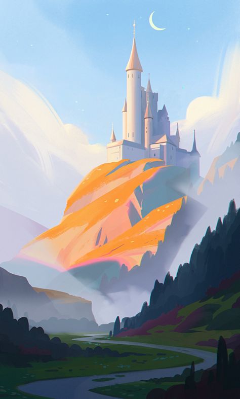 Castle Background Drawing, Castle Digital Painting, Storybook Landscape, Castle Illustration Simple, Illustration Castle, Castle Fairytale, Castle Digital Art, Castle On A Cloud, Castle On Hill