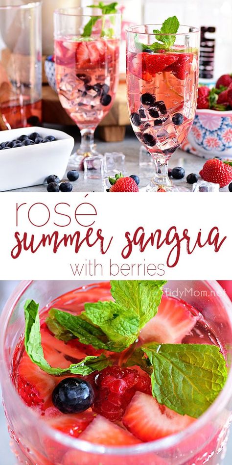 This quick and simple Rosé Summer Sangria is perfect for cooling off in the summer heat. Wow your guests by serving sangria made with fresh berries, rosé wine, and kicked up with white rum at your next party or BBQ. Print full recipe at TidyMom.net #cocktail #sangria #rosé #wine #strawberry Summer Sangria Recipes, Berry Sangria, Rose Sangria, Sangria Wine, Rosé Wine, Rosé Summer, Chill Time, Treats Recipes, Boozy Drinks