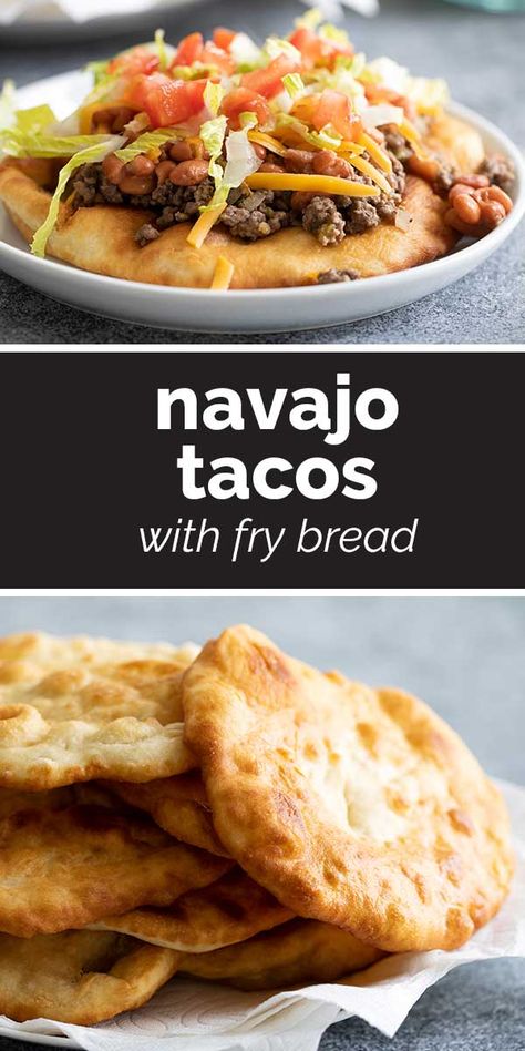 A version of a traditional Navajo Taco – fry bread topped with meat, beans, cheese, lettuce and tomatoes. Save any leftover fry bread to eat with honey for dessert! #recipe #navajotaco #frybread #indiantaco