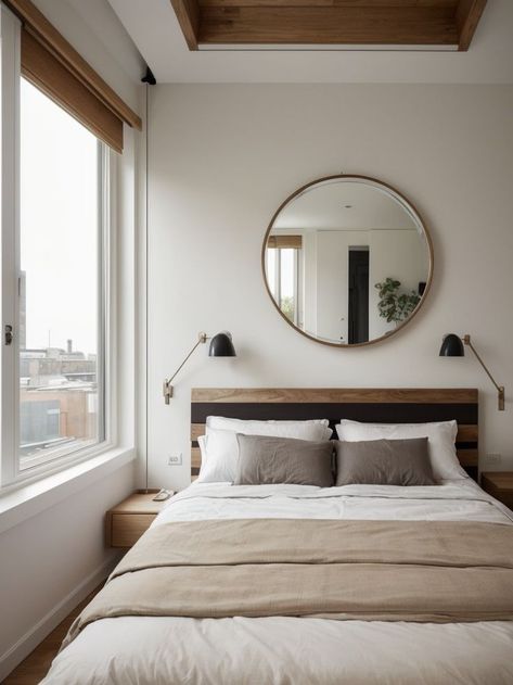 Create an intriguing focal point by hanging a convex mirror above the bed. Elevate the aesthetic with a minimalistic platform bed and complement it with warm wooden elements for a stylish and contemporary bedroom design. Mirror On Top Of Bed, Round Mirror Over Bed, Circle Mirror Above Bed, Annex Interior, Round Mirror Above Bed, Mirrors Above Bed, Mirror Behind Bed, Mirror Above Headboard, Above Bed Mirror