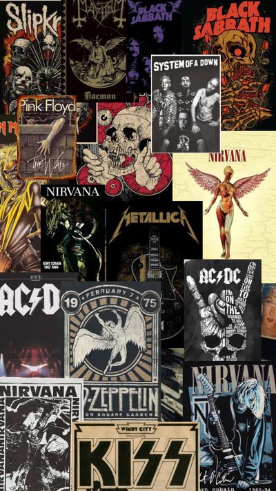 Rock And Metal Poster, All Rock Bands Wallpaper, 80s Music Wallpaper Collage, 60s Rock Wallpaper, Rock Songs Wallpaper, Wallpaper Iphone Metal Music, Metal Album Cover Wallpaper, Rock N Roll Wallpaper Iphone, Metal Background Aesthetic