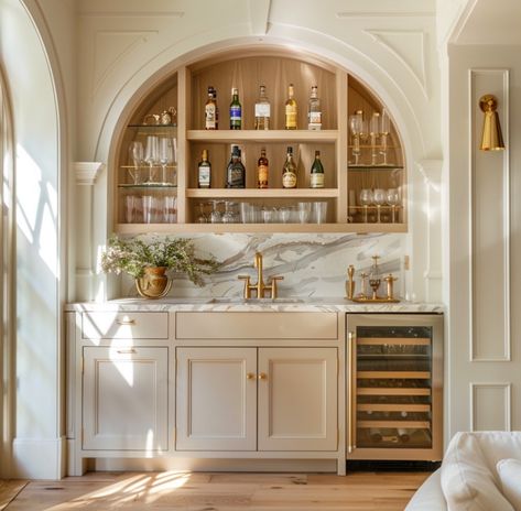 Kitchen Bar With Open Shelving, Home Entertainment Room Bar Designs, Bar With Arches Design, Open Bar Cabinet, Room For Entertaining, Elegant Wet Bar, Home Bar Open Shelving, Wet Bar Transformation, Wet Bar Designs Living Room