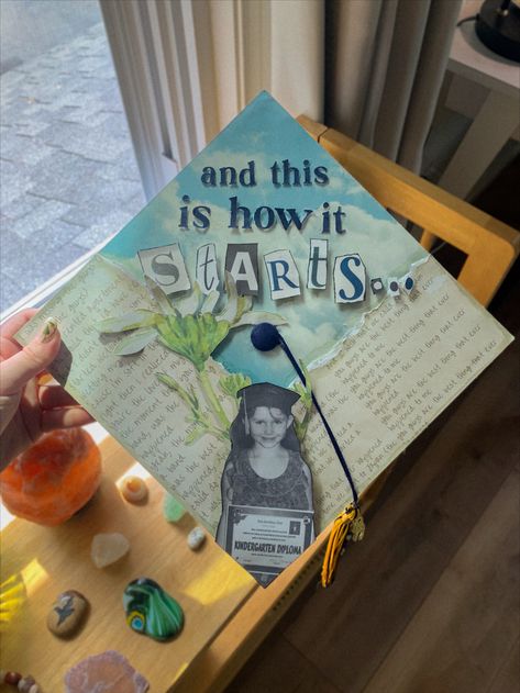 the 1975 inspired senior grad cap 🪴🖋️🎓🪩 Diy Grad Cap, Graduation Cap Designs College, Senior Year Diy, Funny Graduation Caps, College Grad Cap Ideas, Graduation Cap Decoration Diy, High School Graduation Cap, College Graduation Cap Decoration, Grad Hat