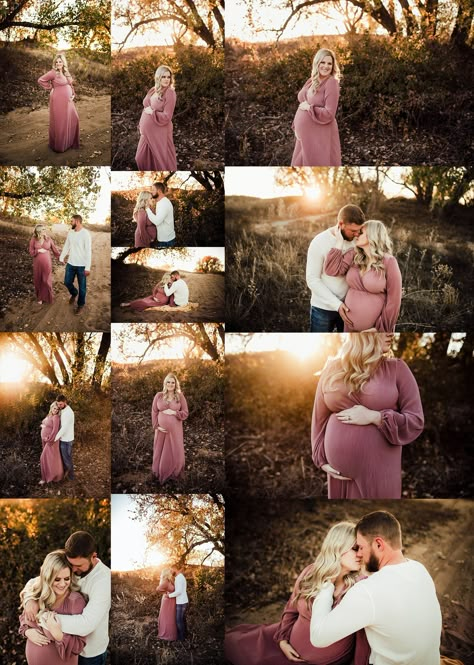 Maternity session inspiration for moms of singles or twins. This twin maternity session was taken at 28 weeks and mom was still comfortable but showing. She wore a beautiful blush gown from Baltic Born and dad dressed in simple white long sleeve and jeans. The fall light was to die for and they handled the maternity posing like champs! Maternity Twins Photography, Maternity Poses With Tall Husband, Maternity Photography For Plus Size, Plus Size Maternity Photography Poses, Maturity Shoot Ideas, Twin Maternity Photoshoot, Twins Maternity Photoshoot, Maternity Single Poses, Twin Pregnancy Photoshoot