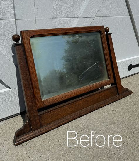 Hello, beautiful friends! I left y'all wondering what I did with the mirror to the oak dresser I shared on Thursday. Well today, I'm back sharing this repurposed antique dresser mirror! Here is how it started: I feel like these dressers are more versatile without the mirror. They can be used as additional storage in Antique Mirror Repurposed, Vintage Mirror Upcycle, Make Mirror Look Old, Mirror Holder Ideas, Antique Vanity Mirror Repurposed, Vintage Dresser Mirror Repurposed, Large Dresser Mirror Repurposed, Repurpose Dresser Mirror Ideas, Thrifted Mirror Makeover