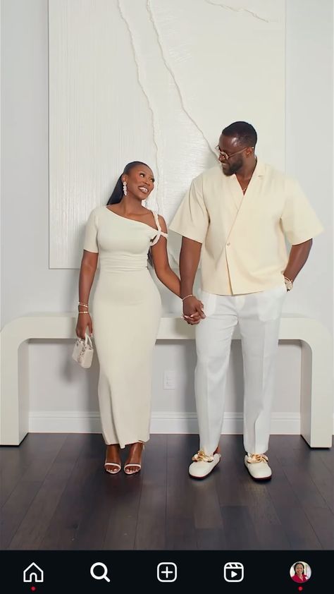 Pre Wedding Casual Photo Ideas, Anniversary Couple Outfits, Engagement Outfits Black Women, Couple Poses Tall Guy, All White Couples Photoshoot, Wedding Date Outfit Couple, Semi Casual Engagement Photos, Engagement Party Couple Outfits, Black Women White Men Wedding