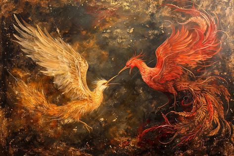 This stunning artwork captures an epic clash between two majestic phoenixes, one vibrant red and the other golden. The intricate details and dynamic colors bring this mythical battle to life, making it a perfect piece for fans of fantasy and legendary creatures.   #Phoenix #FantasyArt #EpicCreatures #LegendaryBirds Phoenix Core, Flame Chasers, Firebird Art, Phoenix Aesthetic, Phoenix Artwork, Epic Battle, Fantasy Decor, Macabre Art, Fire Bird