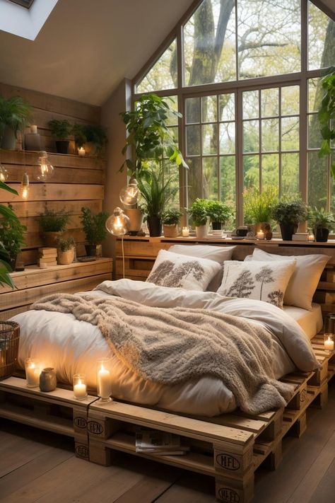 [AffiliateLink] Immerse Yourself In The Warmth Of This Eco-Rustic Bedroom, Where The Charm Of Upcycled Pallet Beds Meets The Lushness Of Indoor Plants. This Inviting Retreat Combines Earthy Textures With Soft Lighting, Creating A Serene Space For Relaxation And Rejuvenation. #earthybedroomaesthetic Rum Inspiration, Rustic Bedroom Ideas, Bedroom Decoration Ideas, Summer Room, Zen Den, Earthy Bedroom, Decor Ideas Bedroom, Frame Cabin, Modern Bedroom Interior