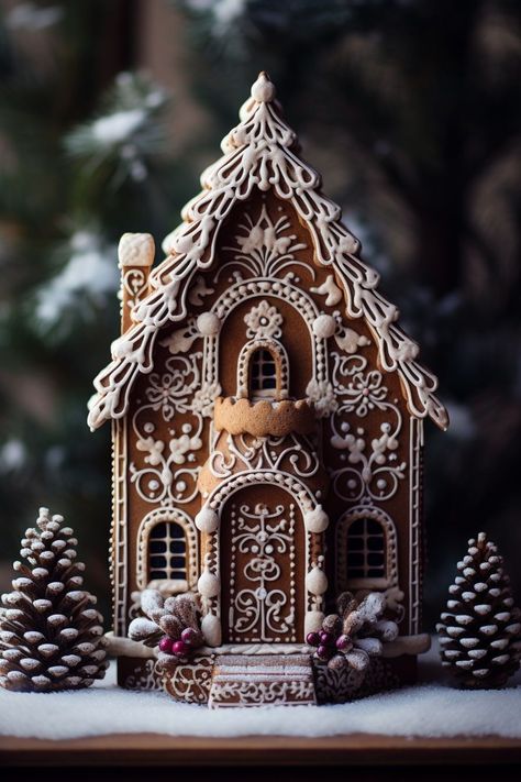 Get into the holiday spirit by building your own gingerbread house! These festive gingerbread house ideas provide inspiration for traditional candy-covered designs as well as more modern takes on the classic Christmas treat. Browse photos of elaborate gingerbread mansions, cottages and more. Christmas Gingerbread House Competition, Christmas House Gingerbread, Ginger Bread Christmas Wreath, Mini Ginger Bread Houses, Gingerbread Icing Design, Gingerbread Cat House, Gingerbread House Fancy, Gingerbread House Designs Simple, Cookie House Recipe