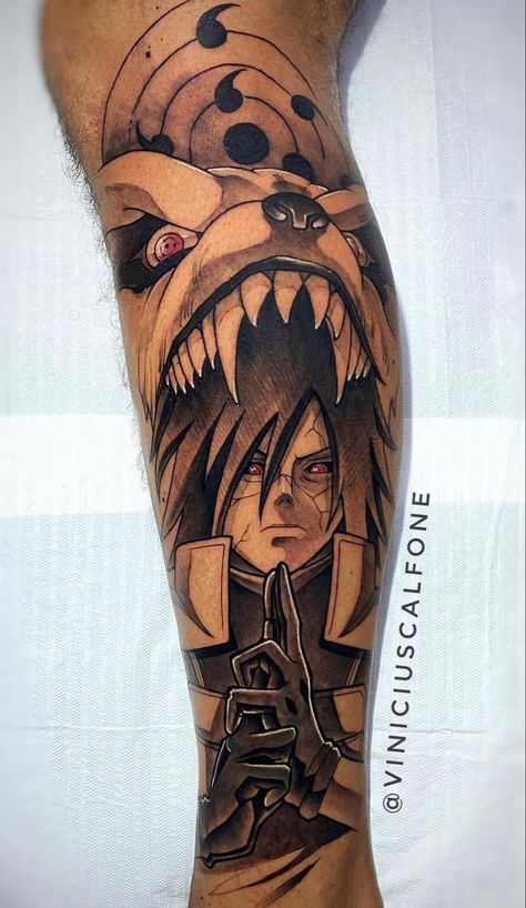 Manga Tattoos Anime, Anime Calf Tattoo Men, Hashirama Tattoo Design, Video Game Inspired Tattoos, Naruto Arm Tattoo, Madara Tattoo Design, Naruto Sleeve Tattoo, Naruto Tatoos Ideas, Madara Tattoo Ideas