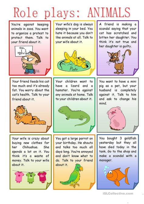 ROLE PLAYS - Animals - English ESL Worksheets for distance learning and physical classrooms Role Plays English, Role Playing Activities For Kids, Conversation For Kids, Role Play Ideas, English Language Activities, English Conversation For Kids, Ingles Kids, Speaking Activities English, Speaking Cards