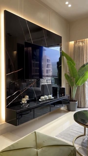 Black Marble Tv Wall, Black Tv Unit, Kitchen Remodel Countertops, Simple Kitchen Design, Tv Panel, Black Tv, Room Partition Designs, Partition Design, Media Wall