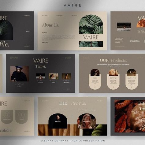 Vaire - Elegant Company Profile Presentation PowerPoint Template Elegant Brochures, Company Profile Design Templates, Company Profile Presentation, Best Presentation Templates, 포트폴리오 레이아웃, Business Fonts, Company Presentation, Presentation Design Layout, Performance Evaluation