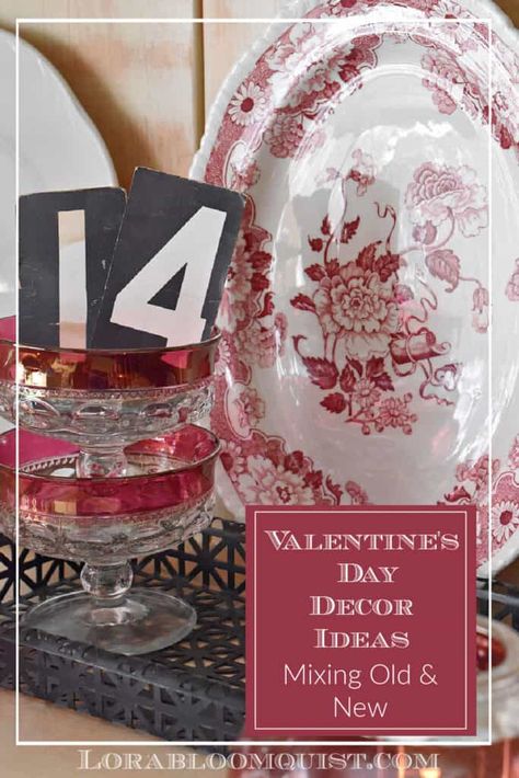 Need Valentine Decorating Ideas? This vintage-inspired hutch display will give you beautiful Valentine decor ideas, mixing old and new. Nostalgic vintage dishes combine with thrifted and new finds for romantic Valentine's home decor. #Valentinedecor #Valentinesdecorating #Valentinesdecor #vintageValentines #hutchdecor #hutchdecorating #hutchdisplay #vintagedecorating French Country Valentines Day Decor, Vintage Party Ideas Decoration, Vintage Valentines Tablescape, Thrifted Valentines Decor, French Valentines Decor, Vintage Valentines Decorations Diy, Antique Valentines Decor, Valentines Farmhouse Decor, Valentine Display Ideas