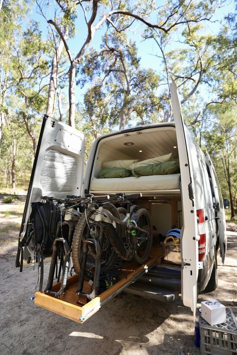 Van Bike Storage, Mountain Bike Storage, Bike Storage In Van, Diy Slide, Diy Slides, Diy Van Conversions, Mercedes Sprinter Camper, Van Conversion Interior, Sprinter Camper