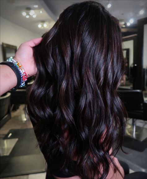 Eggplant Hair Color With Highlights Dark Purple, Dark Hair With Burgundy Undertones, Dark Hair Maroon Highlights, Dark Brunette With Purple Highlights, Mahagony Balayage On Black Hair, Super Dark Hair Color Ideas, Fun Black Hair Color Ideas, Dark Mahogany Balayage, Cherry Coke Balayage Dark Brown