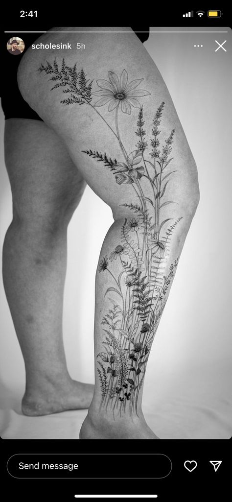 Flower Tattoo On Lower Leg, Wildflowers Leg Tattoo, Flower Tattoo On Leg For Women, Flower Vein Tattoo, Daisy Leg Tattoo, Wildflower Foot Tattoo, Wildflower Leg Sleeve Tattoo, Wildflower Leg Tattoo, Nature Leg Sleeve