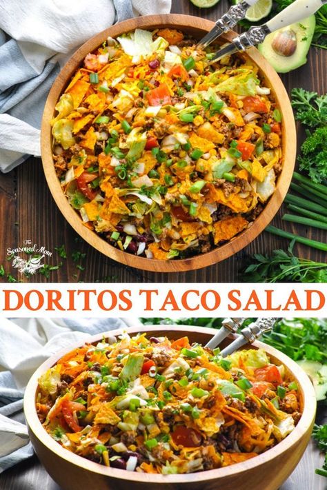 This Doritos Taco Salad is a classic taco salad recipe that's a perfect party food to feed a crowd! Loaded with ground beef, vegetables and chips, this easy dinner recipe is a family favorite! Food To Feed A Crowd, Doritos Taco Salad, Dorito Taco Salad, Dorito Taco Salad Recipe, Dorito Taco, Salad Taco, Taco Salad Doritos, Doritos Taco, Taco Salad Recipe