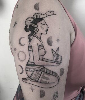 Black ♥︎2020 — ✦ℝ⊙⋈⇡✦ Satni Feminine Mayan Tattoos, Mayan Princess Tattoo, Women Aztec Tattoo, Mayan Tattoos For Women Goddesses, Ixchel Goddess Tattoo, Mayan Goddess Tattoo, Mexican Goddess Tattoo, Hispanic Culture Tattoos, Aztec Tattoo For Women