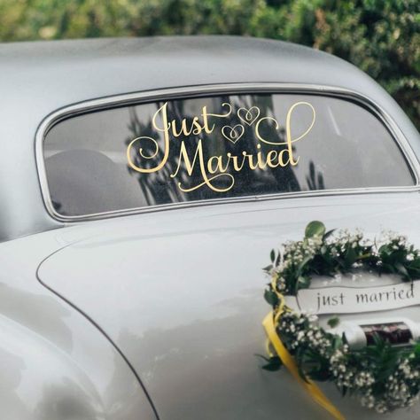 Metallic Gold Just Married Car Decor, Just Married Car Window Decal, Gold Wedding Decorations, 24"W x 12"H Metallic Gold Just Married Auto, Champagne Gold Wedding, Marriage Signs, Just Married Sign, Just Married Car, Personalized Wall Decals, Wedding Car Decorations, Wedding Send Off, Wedding Exits