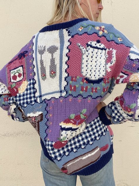 Unique Knit Sweater, Vintage Novelty Sweater, Maximalist Crochet, Maximalist Sweater, Quirky Sweaters, Twee Clothes, Funky Sweaters, Fun Sweaters, Maximalist Outfit