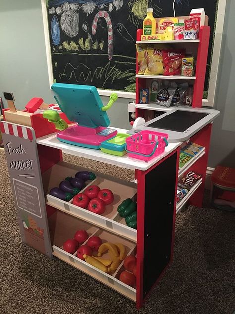 Diy Play Checkout Counter, Kids Grocery Store Playroom, Kids Pretend Play Area, Picnic Kpop, Kids Play Store, Kids Play Area Indoor, Kids Grocery Store, Pretend Grocery Store, Pretend Play Grocery Store