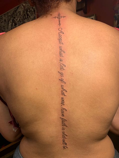 Cross with quote on spine tattoo Have Faith Tattoo, Arm Sleeve Tattoos For Women, Verse Tattoos, Cross Tattoos For Women, Mommy Tattoos, Faith Tattoo, Writing Tattoos, Spine Tattoos For Women, Pretty Tattoos For Women