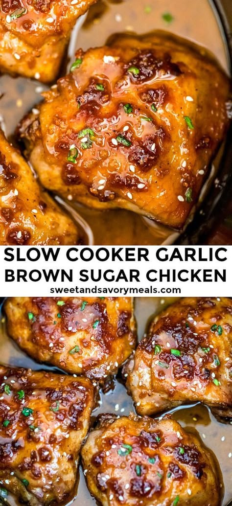 Slow Cooker Brown Sugar Garlic Chicken is the perfect weeknight meal. Simply put the ingredients in the crockpot and you will end up with the best chicken dish ever! #slowcooker #crockpot #crockpotrecipes #sweetandsavorymeals #chickenfoodrecipes Brown Sugar Garlic Chicken, Garlic Chicken Crockpot, Best Chicken Dishes, Garlic Brown Sugar Chicken, Crockpot Chicken Thighs, Brown Sugar Chicken, Chicken Thigh Recipes Crockpot, Chicken Dish, Chicken Slow Cooker Recipes