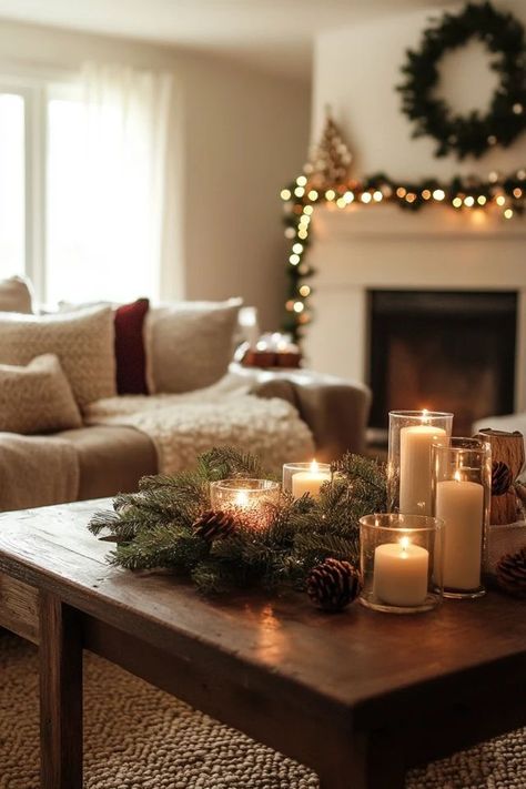 Comfy Christmas Decor, Living Room Candles Decoration, Neutral Christmas Decor Apartment, Living Room With Christmas Decor, Christmas Decor Inspiration Living Room, Cute Apartment Christmas Decor, White Couch Christmas Decor, Cute Christmas Living Room Ideas, Modern Christmas Living Room Decor